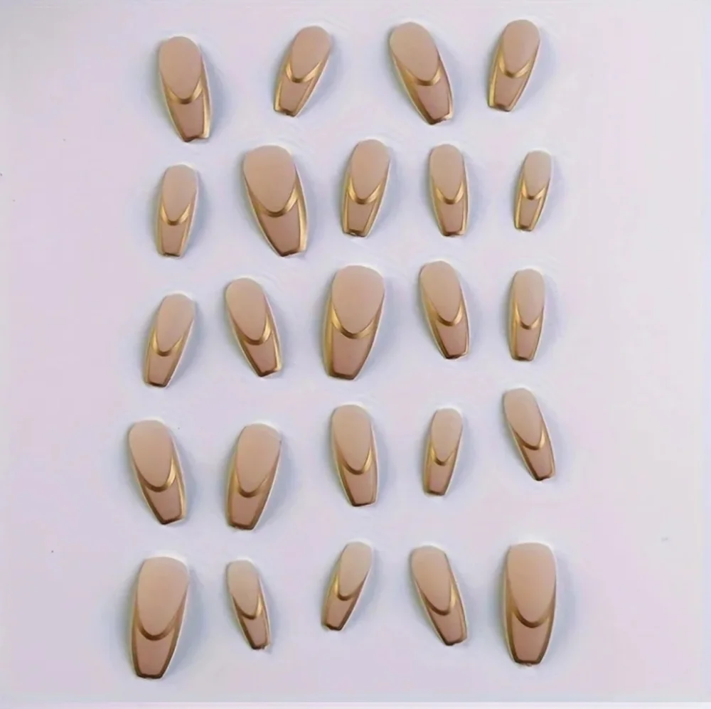 🔥3/$21 Long Matte Nude with Gold Foil Lines Press on nails